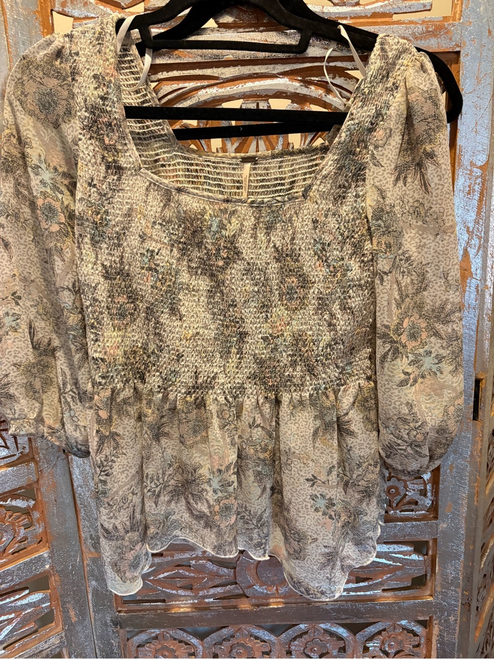 Free People Floral Smocked Peasant Blouse in Cream and Sage